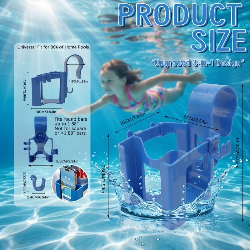 Blue Poolside Cup Holder with Drink & Phone Zone and Hooks - Detachable Pool Rail Organiser, Compact Poolside Storage Accessory