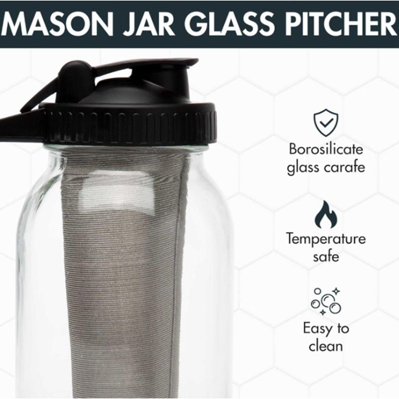 2 Set of 64oz Mason Jar Cold Brew Coffee Pitcher - Soda Lime Glass Jug with Measurement Marks, Pour Spout Handle Lid, Cleaning Brush and Fine Mesh Filter