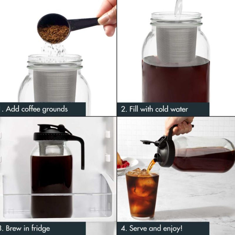 2 Set of 64oz Mason Jar Cold Brew Coffee Pitcher - Soda Lime Glass Jug with Measurement Marks, Pour Spout Handle Lid, Cleaning Brush and Fine Mesh Filter