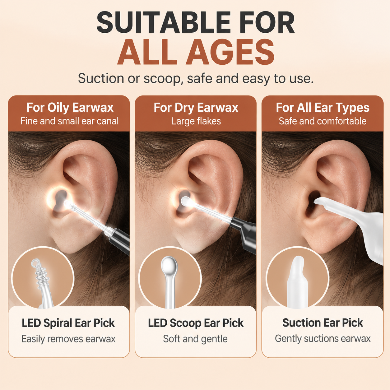 White Electric LED Ear Cleaner Tool - Rechargeable Suction Force Ear Pick with 5 Soft & Fine Cleaning Scoops for Home and Travel Use