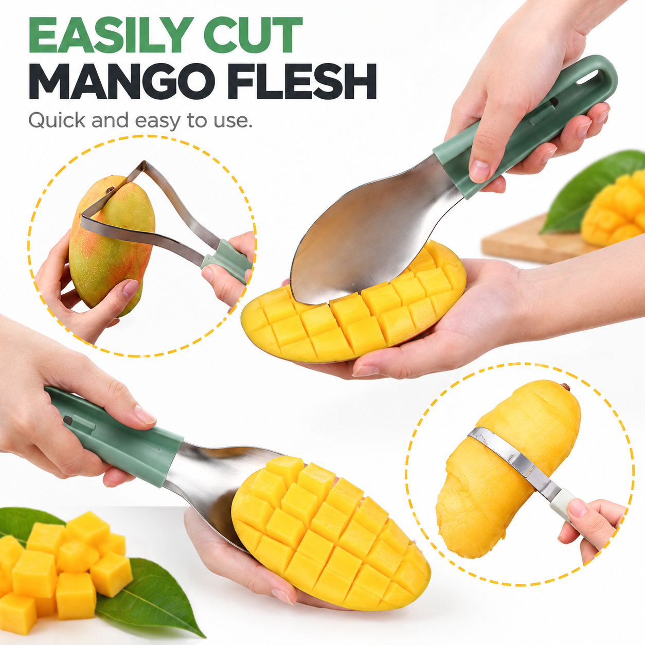 3 Piece Green Stackable Mango Slicer Tool Set - 430 Stainless Steel Mango Peeler, Broad Flesh Scoop and Slicing Tool for Fruit Preparation