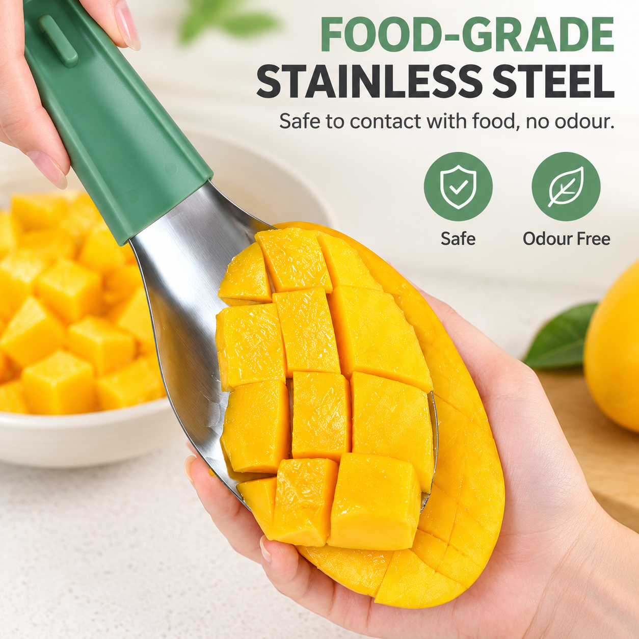 3 Piece Green Stackable Mango Slicer Tool Set - 430 Stainless Steel Mango Peeler, Broad Flesh Scoop and Slicing Tool for Fruit Preparation