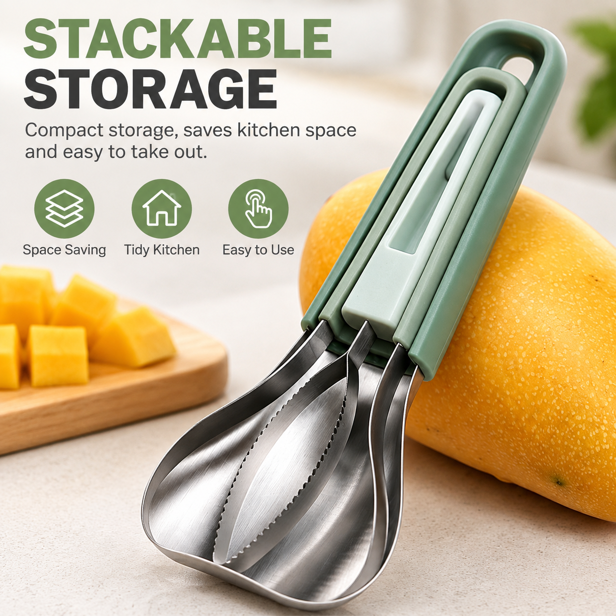 3 Piece Green Stackable Mango Slicer Tool Set - 430 Stainless Steel Mango Peeler, Broad Flesh Scoop and Slicing Tool for Fruit Preparation