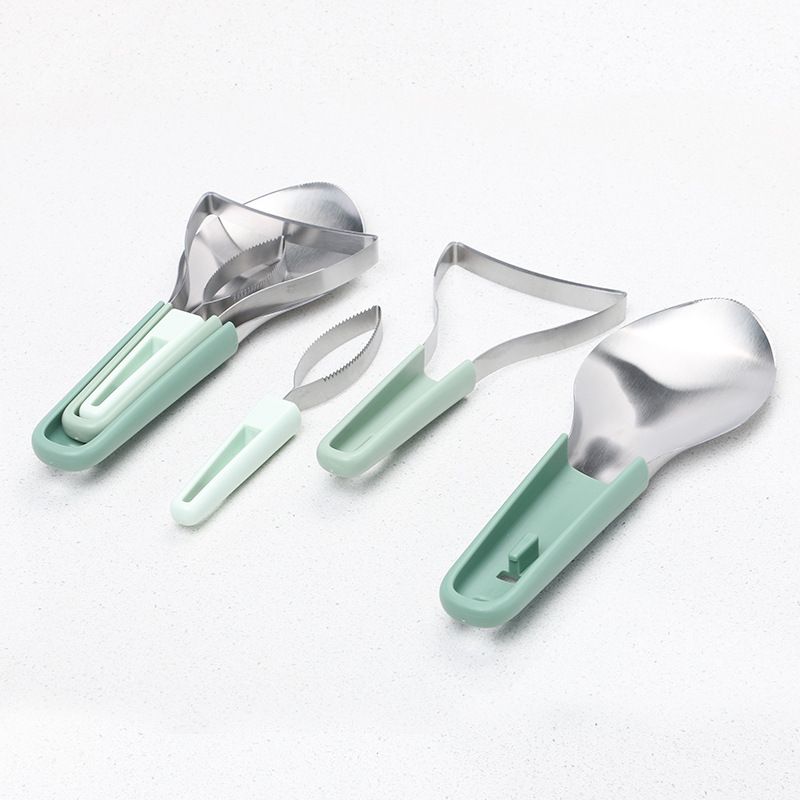 3 Piece Green Stackable Mango Slicer Tool Set - 430 Stainless Steel Mango Peeler, Broad Flesh Scoop and Slicing Tool for Fruit Preparation
