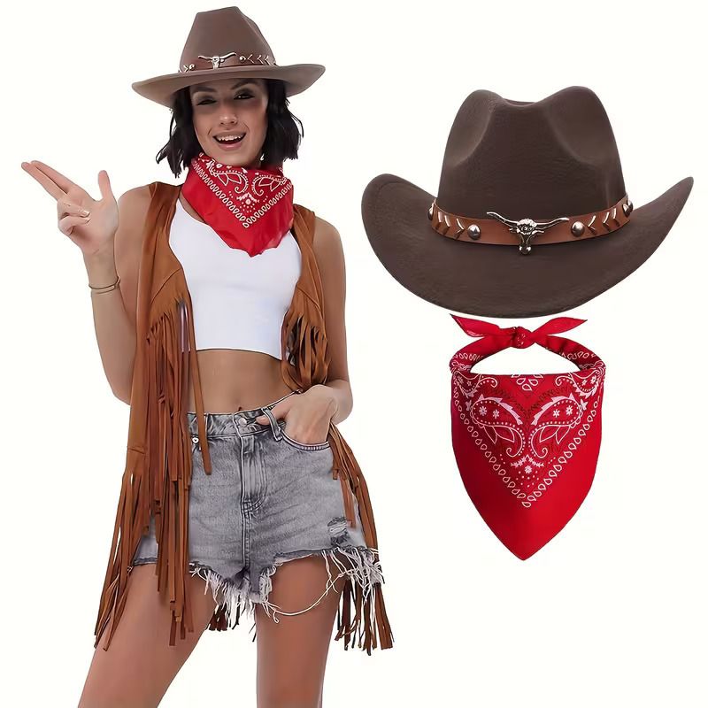 Women's Western Cowboy Hat and Paisley Bandana Set - Brown PU Cowgirl Hat with Bull Skull Detail (60cm Head Circumference)