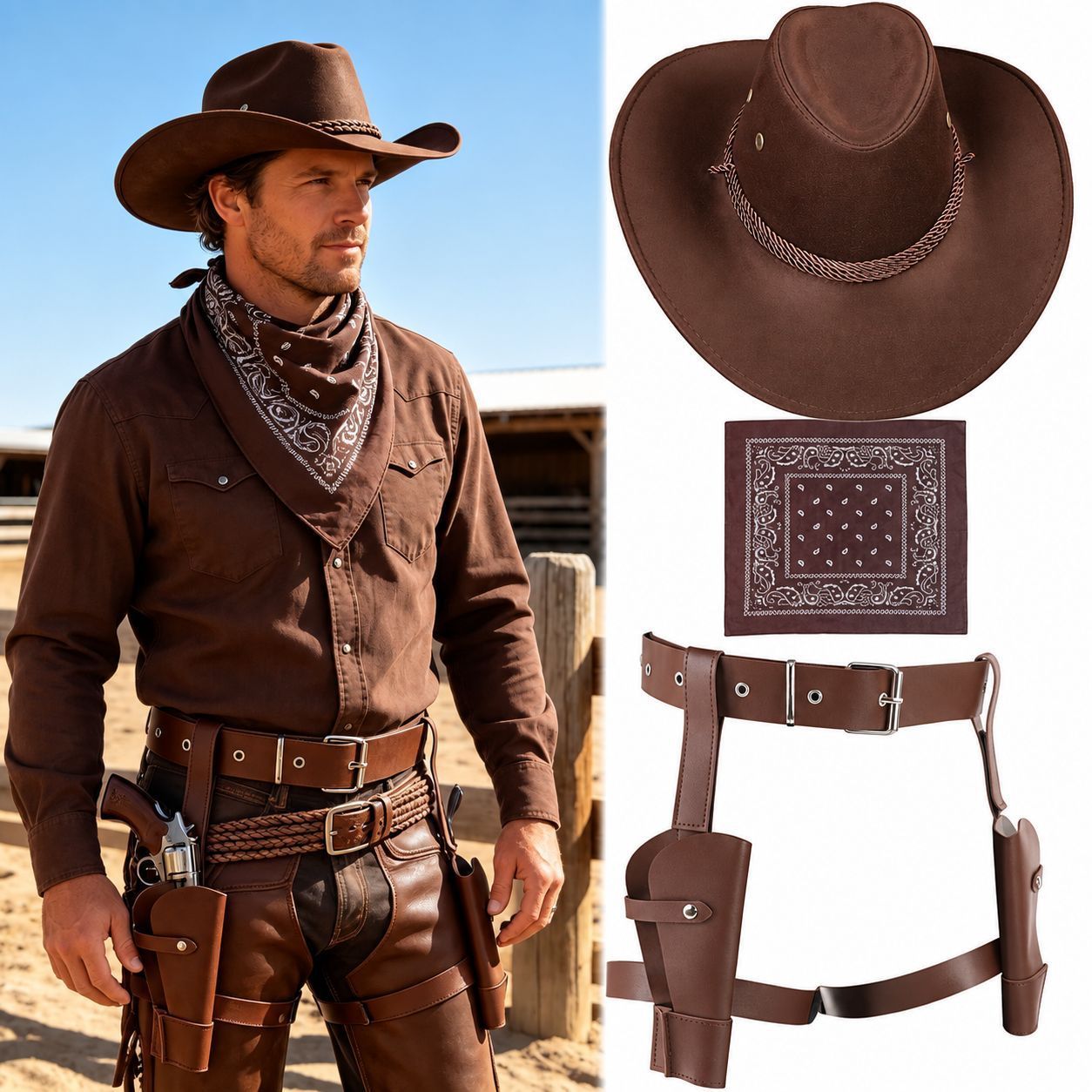 3-Piece Brown Men's Western Cowboy Costume Set - PU Cowboy Hat , Bandana & Double Holster Belt for Cosplay and Themed Parties