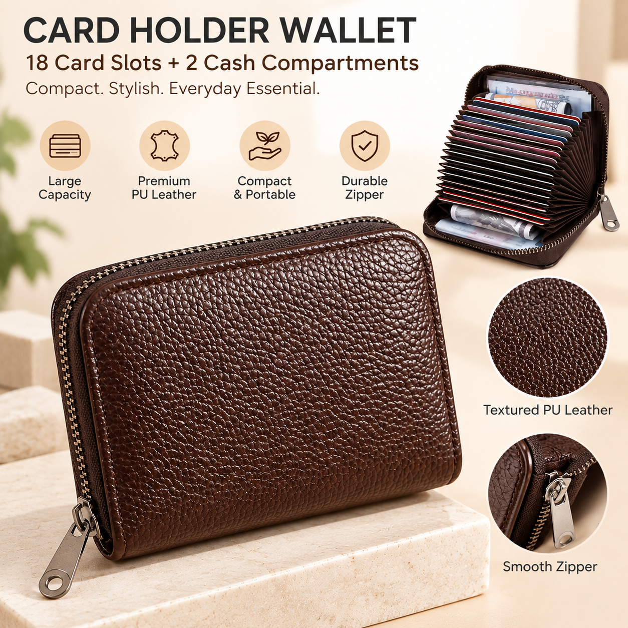 Litchi Grain Brown Accordion Card Holder Wallet (18 Card Slots & 2 Coin Pockets) - Compact Multifunctional PU Card Organiser with Oxford Cloth Lining for Cards, Licence and Coins