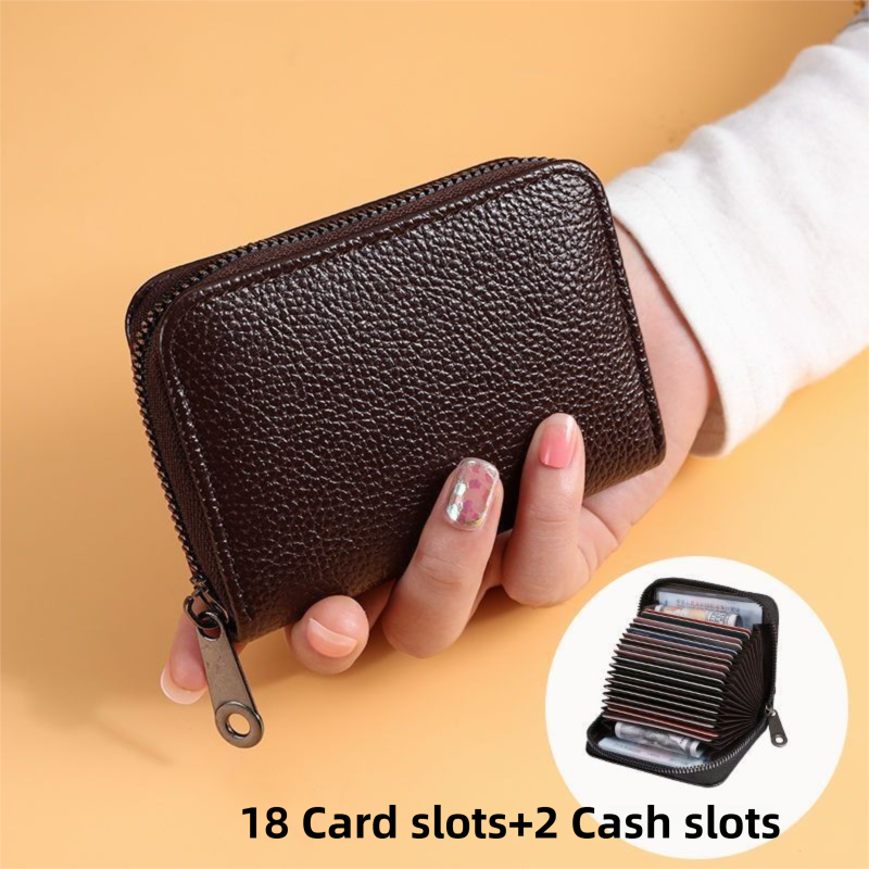 Litchi Grain Brown Accordion Card Holder Wallet (18 Card Slots & 2 Coin Pockets) - Compact Multifunctional PU Card Organiser with Oxford Cloth Lining for Cards, Licence and Coins