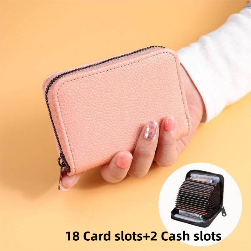 Litchi Grain Pink Accordion Card Holder Wallet (18 Card Slots & 2 Coin Pockets) - Compact Multifunctional PU Card Organiser with Oxford Cloth Lining for Cards, Licence and Coins