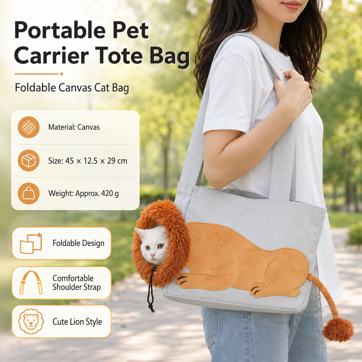 Lion Style Canvas Pet Carrier Grey Bag（big size 45*12.5*29cm） - Adjustable Head Opening, Breathable Mesh, 8cm Wide Shoulder Strap, PE Support Base, Portable Crossbody Sling for Cats and Dogs, Travel Friendly Design