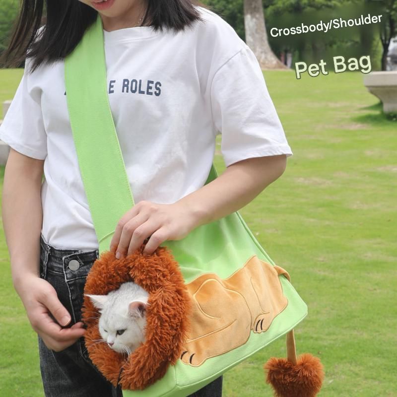 Lion Style Canvas Pet Carrier Grey Bag（big size 45*12.5*29cm） - Adjustable Head Opening, Breathable Mesh, 8cm Wide Shoulder Strap, PE Support Base, Portable Crossbody Sling for Cats and Dogs, Travel Friendly Design