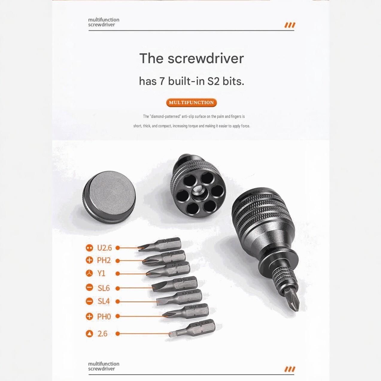 7-in-1 Aluminium Alloy Multi-Bit Screwdriver - Compact S2 Steel Bit Set with Magnetic Holder, Portable DIY Repair Tool for Home and Travel