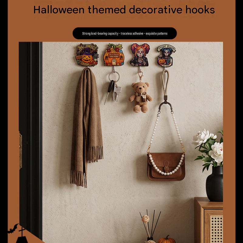 10-pack Halloween Themed Acrylic Wall Hooks（Purple-haired girl pattern） - Self Adhesive Iron Art Hanger for Keys Bags, Spooky Pumpkin Decor for Entryway and Party
