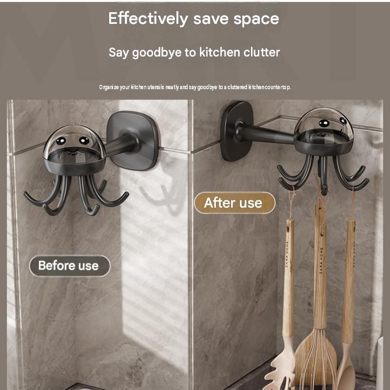 2-pack Beige Octopus Wall Hook Organizer - 360 Degree Rotating Adhesive Kitchen Utensil Holder with 6 Hooks, No Drill Space Saving Storage Rack for Cooking Tools and Towels