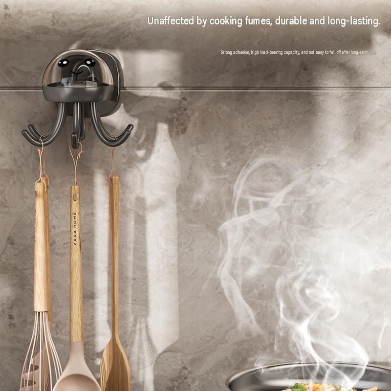 2-pack Beige Octopus Wall Hook Organizer - 360 Degree Rotating Adhesive Kitchen Utensil Holder with 6 Hooks, No Drill Space Saving Storage Rack for Cooking Tools and Towels