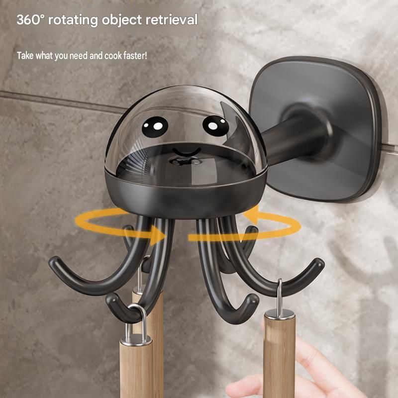 2-pack Beige Octopus Wall Hook Organizer - 360 Degree Rotating Adhesive Kitchen Utensil Holder with 6 Hooks, No Drill Space Saving Storage Rack for Cooking Tools and Towels