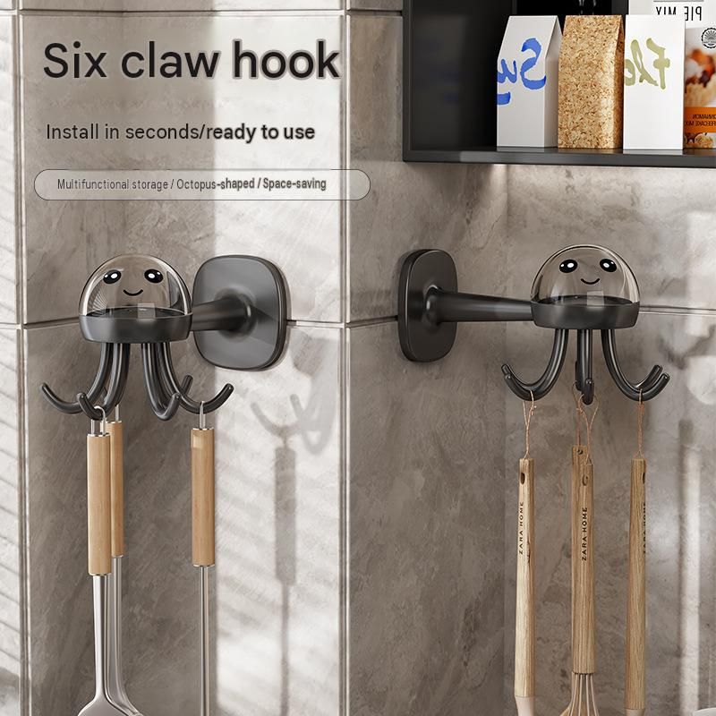 2-pack White Octopus Wall Hook Organizer - 360 Degree Rotating Adhesive Kitchen Utensil Holder with 6 Hooks, No Drill Space Saving Storage Rack for Cooking Tools and Towels