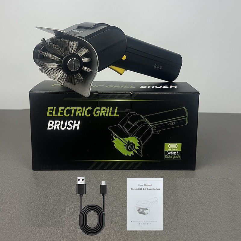 Black Electric BBQ Grill Brush - Cordless Rotating Grill Cleaner with Stainless Steel Bristles, Rechargeable Barbecue Scrubber for Outdoor Grilling and Kitchen Use