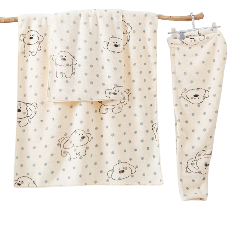3 Piece Dog Print Coral Fleece Towel Set (Puppy pattern)- Soft Absorbent Face Towel, Large Bath Towel and Drying Cap, Quick Dry Bathroom Set for Home and Travel