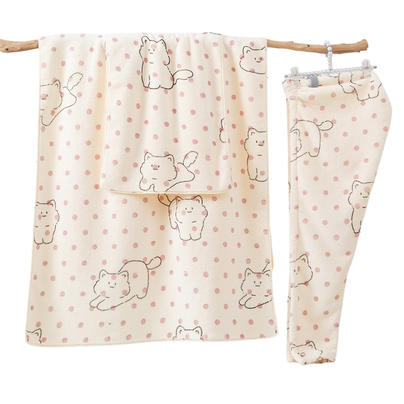 3 Piece Dog Print Coral Fleece Towel Set (Kitten pattern)- Soft Absorbent Face Towel, Large Bath Towel and Drying Cap, Quick Dry Bathroom Set for Home and Travel