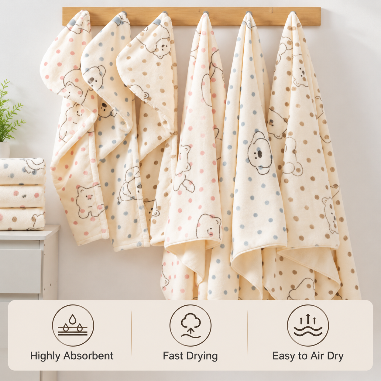 3 Piece Dog Print Coral Fleece Towel Set (Bear pattern)- Soft Absorbent Face Towel, Large Bath Towel and Drying Cap, Quick Dry Bathroom Set for Home and Travel