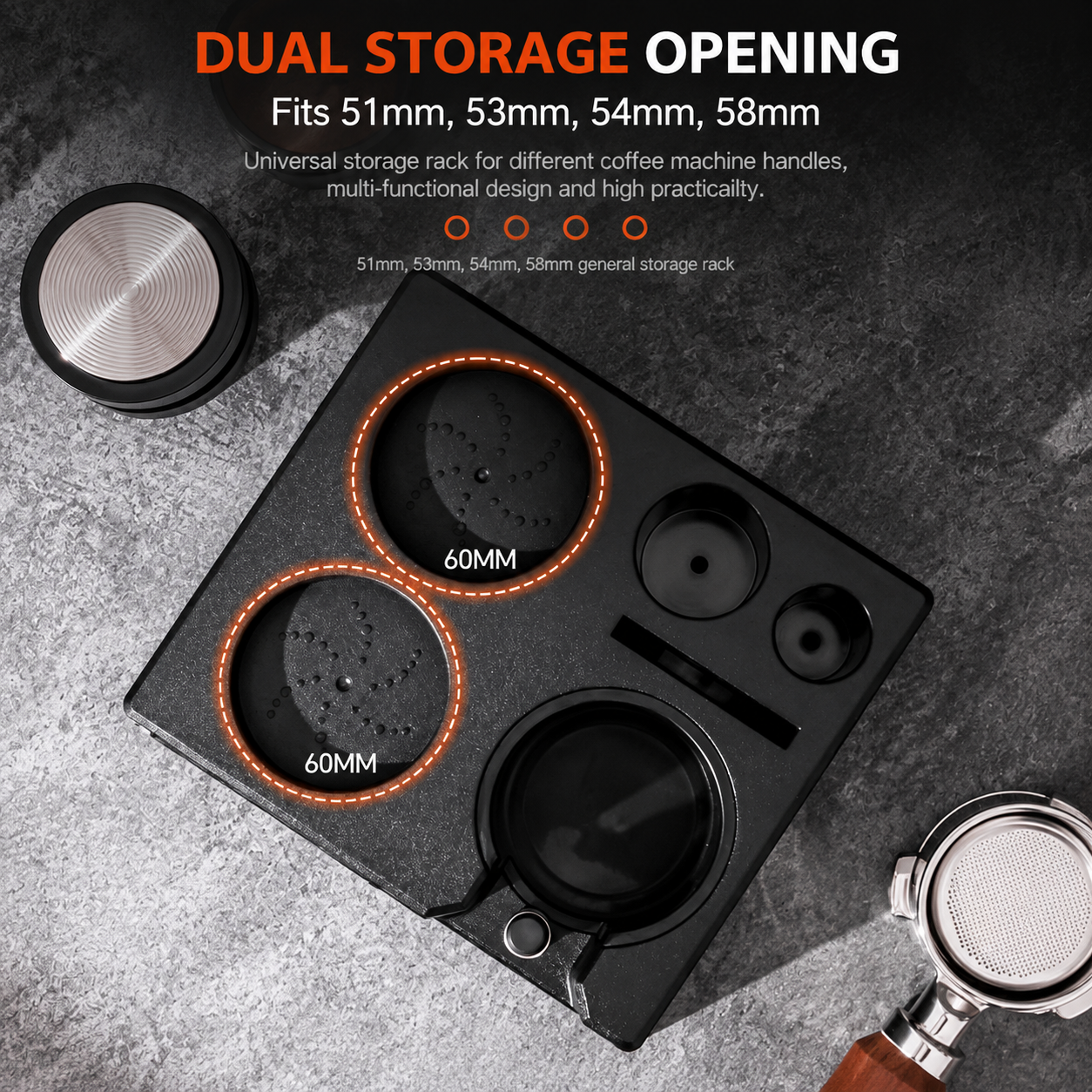 Coffee Tamping Station with Storage Drawer - ABS Espresso Portafilter Holder and Barista Tool Organiser for 51mm, 53mm, 54mm and 58mm Accessories