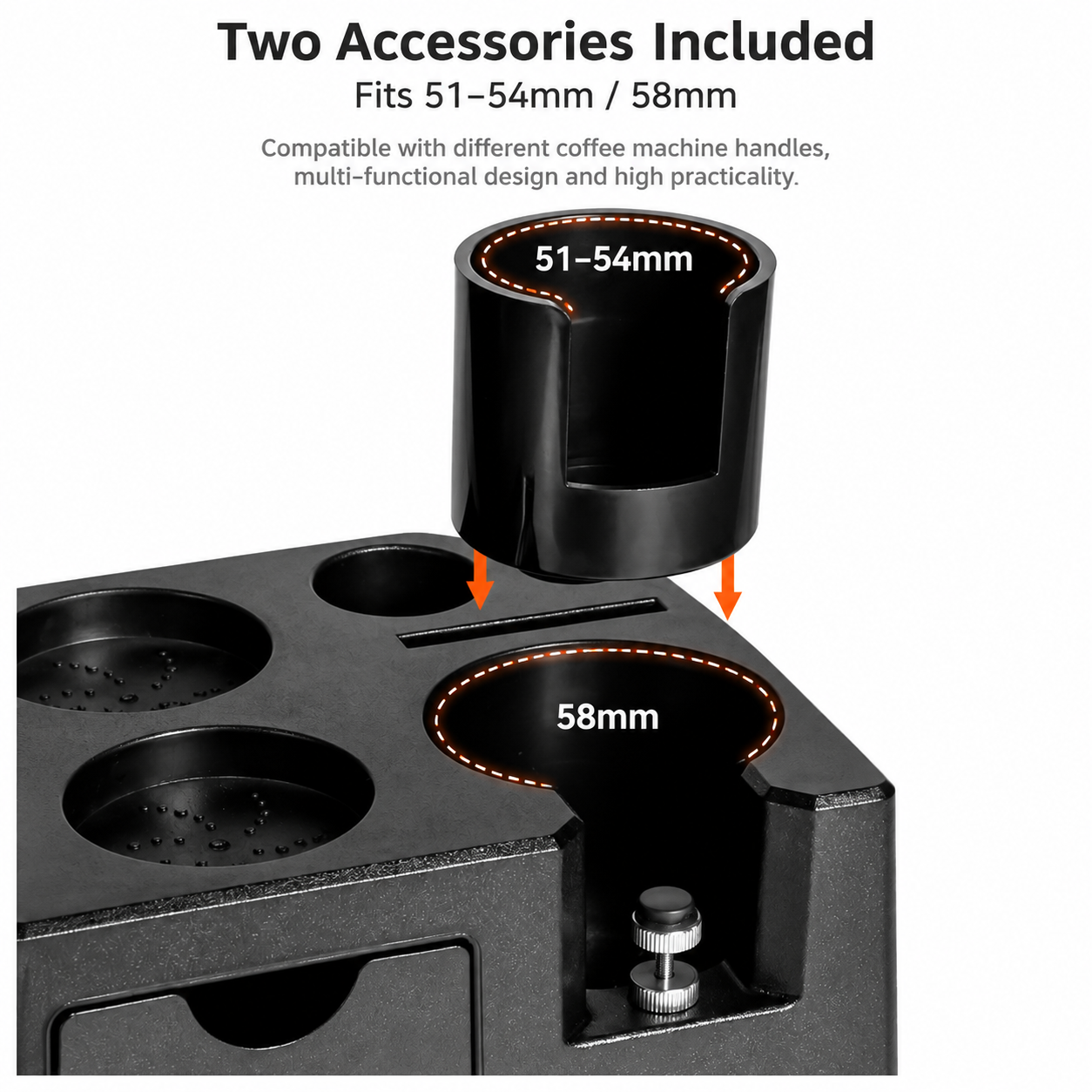 Coffee Tamping Station with Storage Drawer - ABS Espresso Portafilter Holder and Barista Tool Organiser for 51mm, 53mm, 54mm and 58mm Accessories