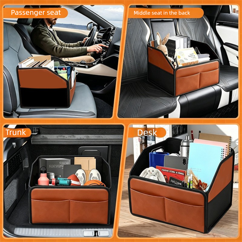 Foldable car trunk organizer (Black-brown)– Large capacity waterproof PU leather organizer with removable dividers and sturdy handles, suitable for SUVs and sedans