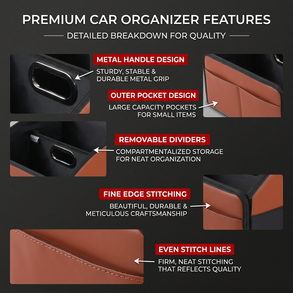 Brown Checkered Foldable car trunk organizer – Large capacity waterproof PU leather organizer with removable dividers and sturdy handles, suitable for SUVs and sedans