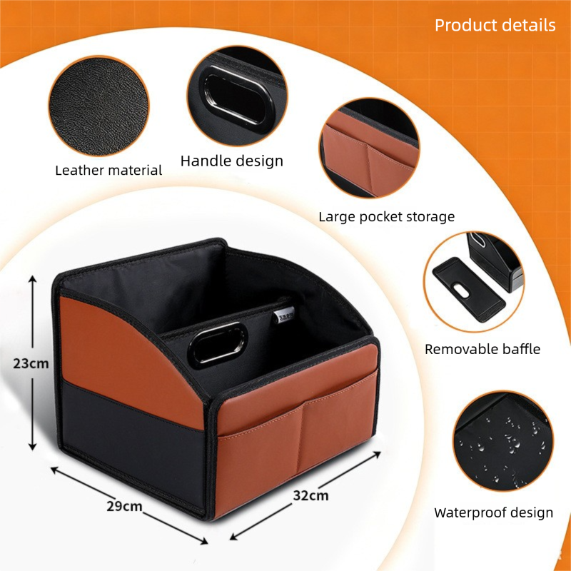 Brown Checkered Foldable car trunk organizer – Large capacity waterproof PU leather organizer with removable dividers and sturdy handles, suitable for SUVs and sedans