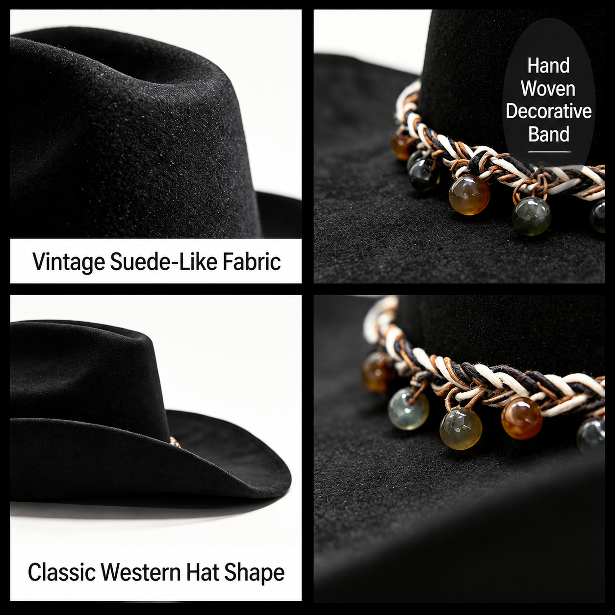 Western Cowboy Hat - Black Suede Fabric, 56-58 cm, Wide Brim with Decorative Beaded Band, Lightweight Vintage Unisex Hat for Festivals and Casual Styling