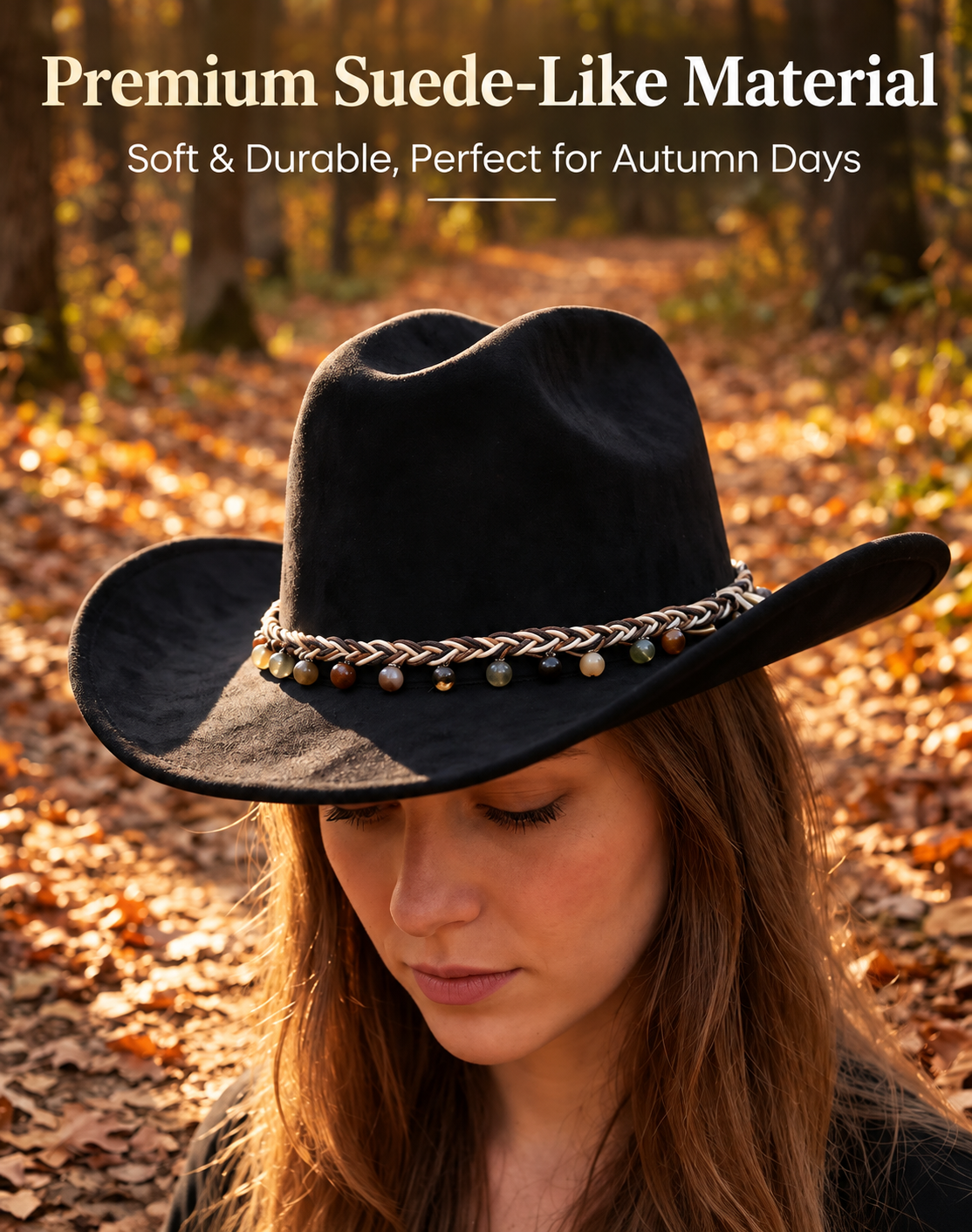 Western Cowboy Hat - Black Suede Fabric, 56-58 cm, Wide Brim with Decorative Beaded Band, Lightweight Vintage Unisex Hat for Festivals and Casual Styling