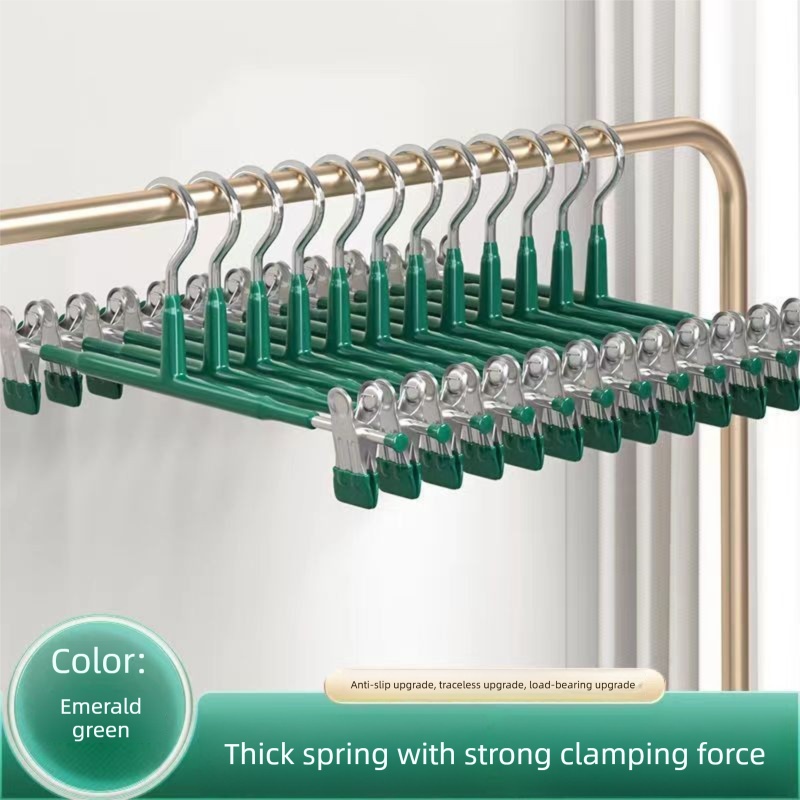 Green Adjustable Pants Hangers 10 Pack - 31 cm Metal Clip Hangers with Non Slip Soft Grip Clips, Space Saving Wardrobe Organisers for Trousers, Skirts and Shorts