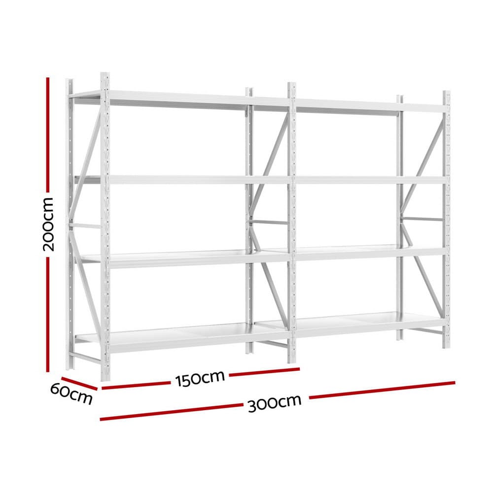 Garage Shelving Rack Heavy-Duty 3Mx2M White Industrial Steel 4 Tiers Adjustable Height