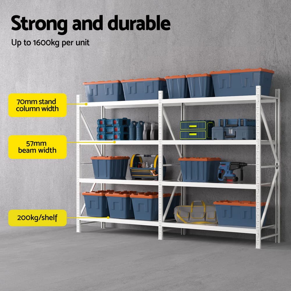Garage Shelving Rack Heavy-Duty 3Mx2M White Industrial Steel 4 Tiers Adjustable Height