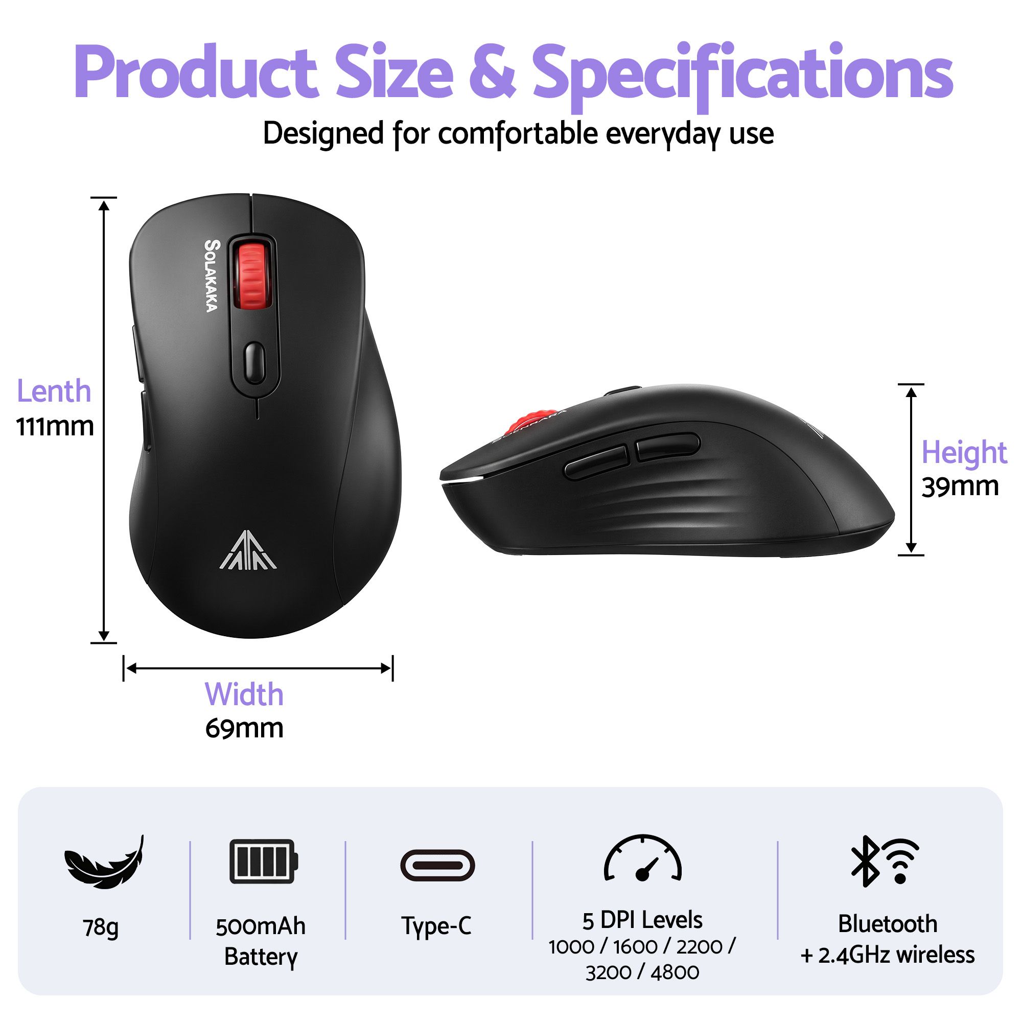 SOLAKAKA Silent Wireless Mouse Bluetooth 2.4GHz 4200 DPI 7 Buttons