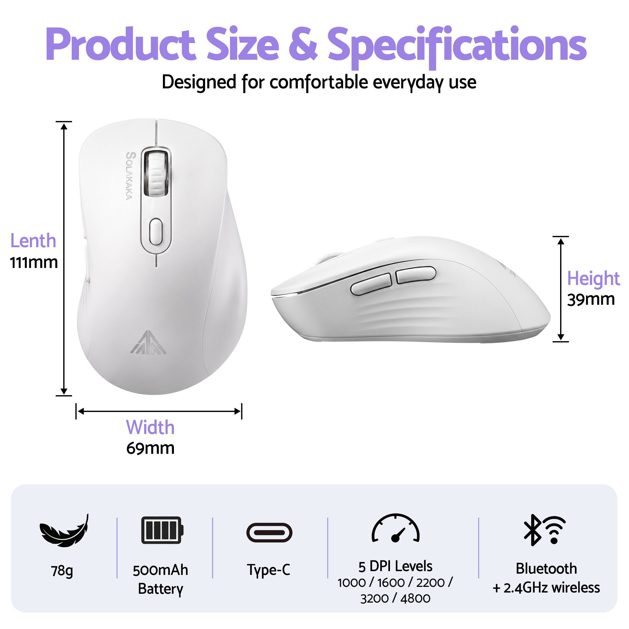 SOLAKAKA Silent Wireless Mouse Bluetooth 2.4GHz 4200 DPI 7 Buttons