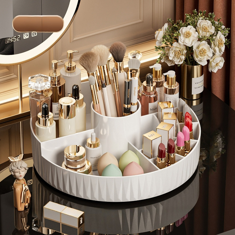 Rotatable Luxury Cosmetic Organizer Desk Large Capacity Skincare Storage Shelf Vanity Tidy Tray Cosmetic Storage Box（white）