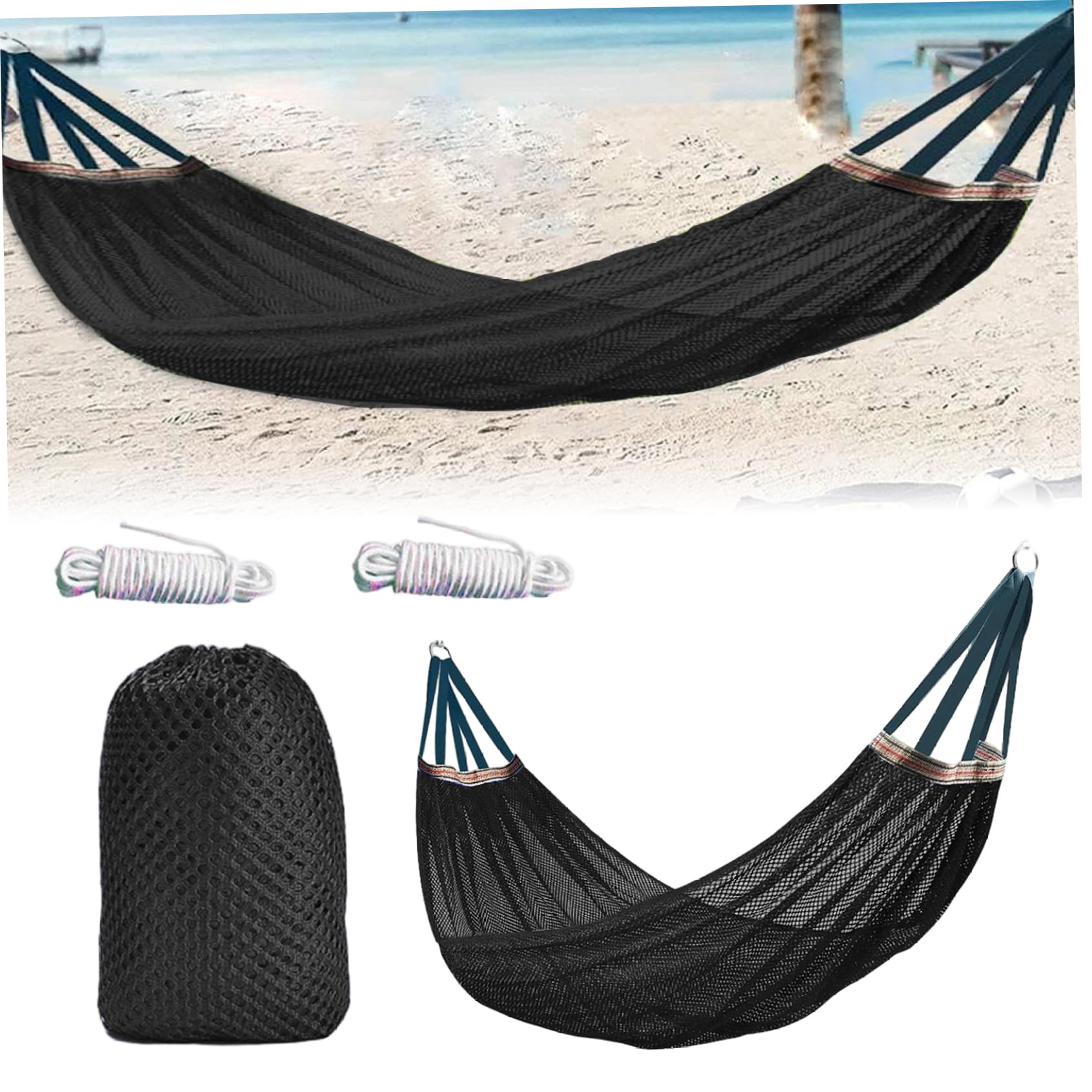Outdoor Nylon Hammock with Tree Straps – Portable Mesh Hanging Bed for Camping, Beach, Garden, Lightweight & Durable Swing Chair (Black)