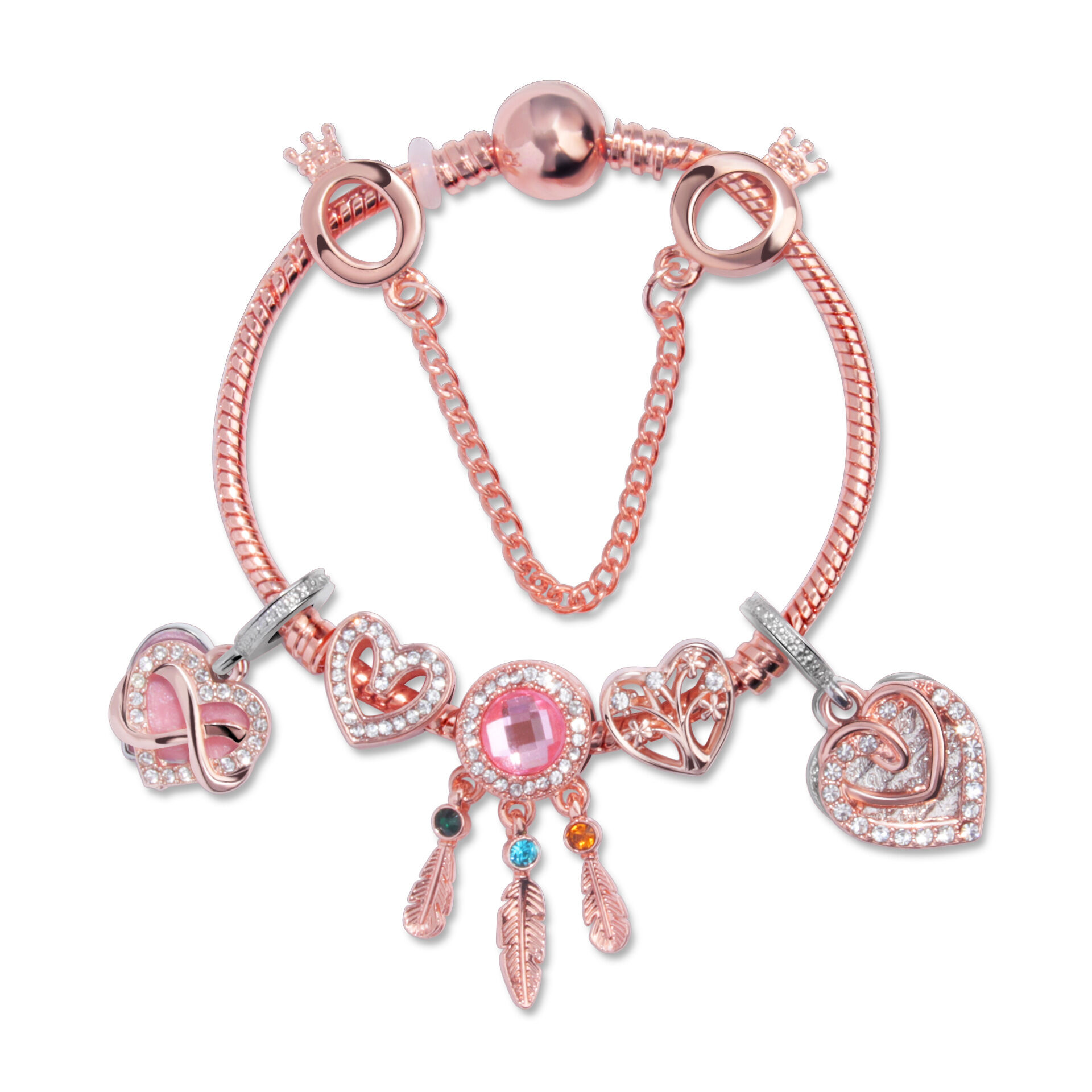 Rose Gold Bracelet with Pink Heart Charms & Crystal Rhinestones(19cm)