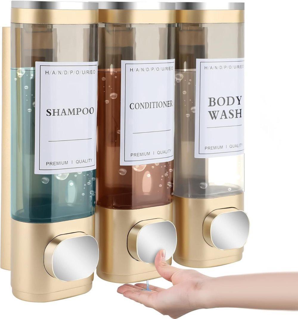 3-Pack Wall Mounted Soap Dispenser for Shampoo & Soap, 300ml x3, Gold