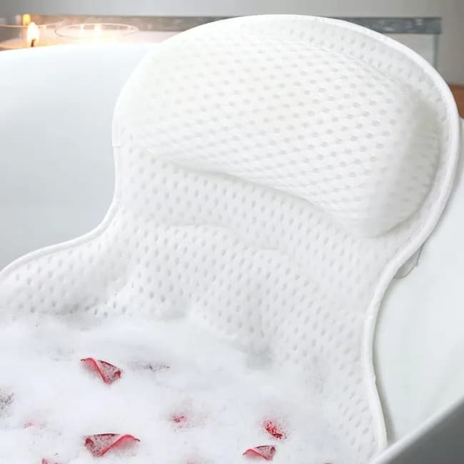6 Suction Cups Bathtub Cushion with Ergonomic Neck and Back Support 4D Air Mesh, White
