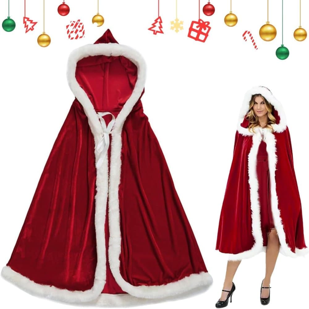 Red Christmas Cloak with Hood Santa Costume for Women, One Size, 120cm