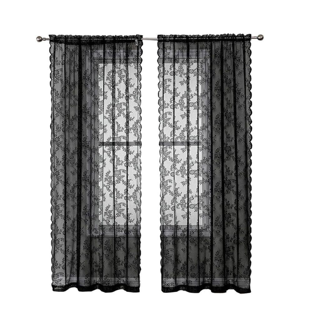 1 Pair Black Lace Curtain Semi-sheer Vintage Floral Pattern for Bedroom and Living Room, 100cm x 100cm