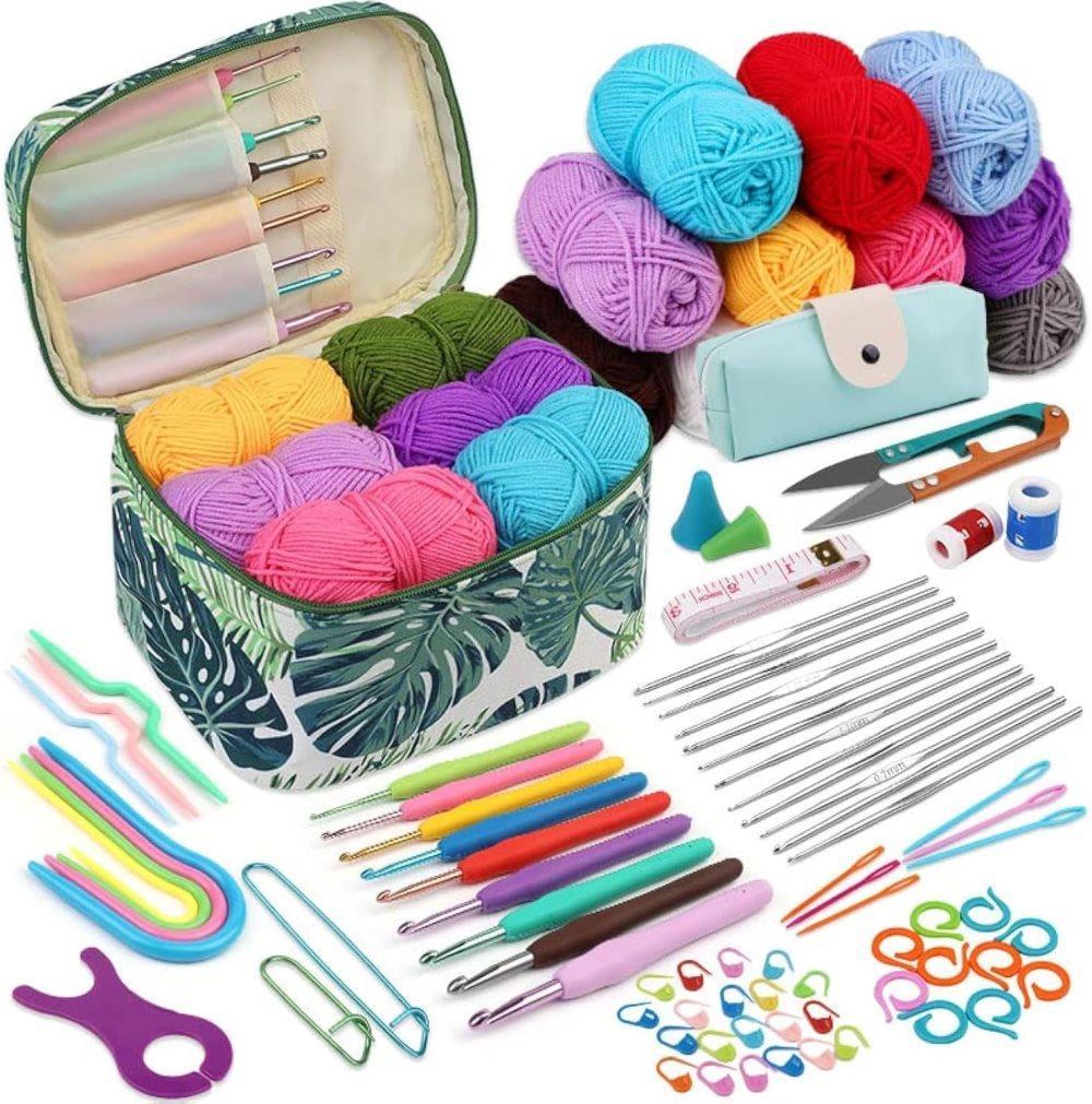87-piece Crochet Hook Set for Beginners with Yarn and Knitting Accessories, Includes Crochet Bag, Ergonomic Crochet Hooks