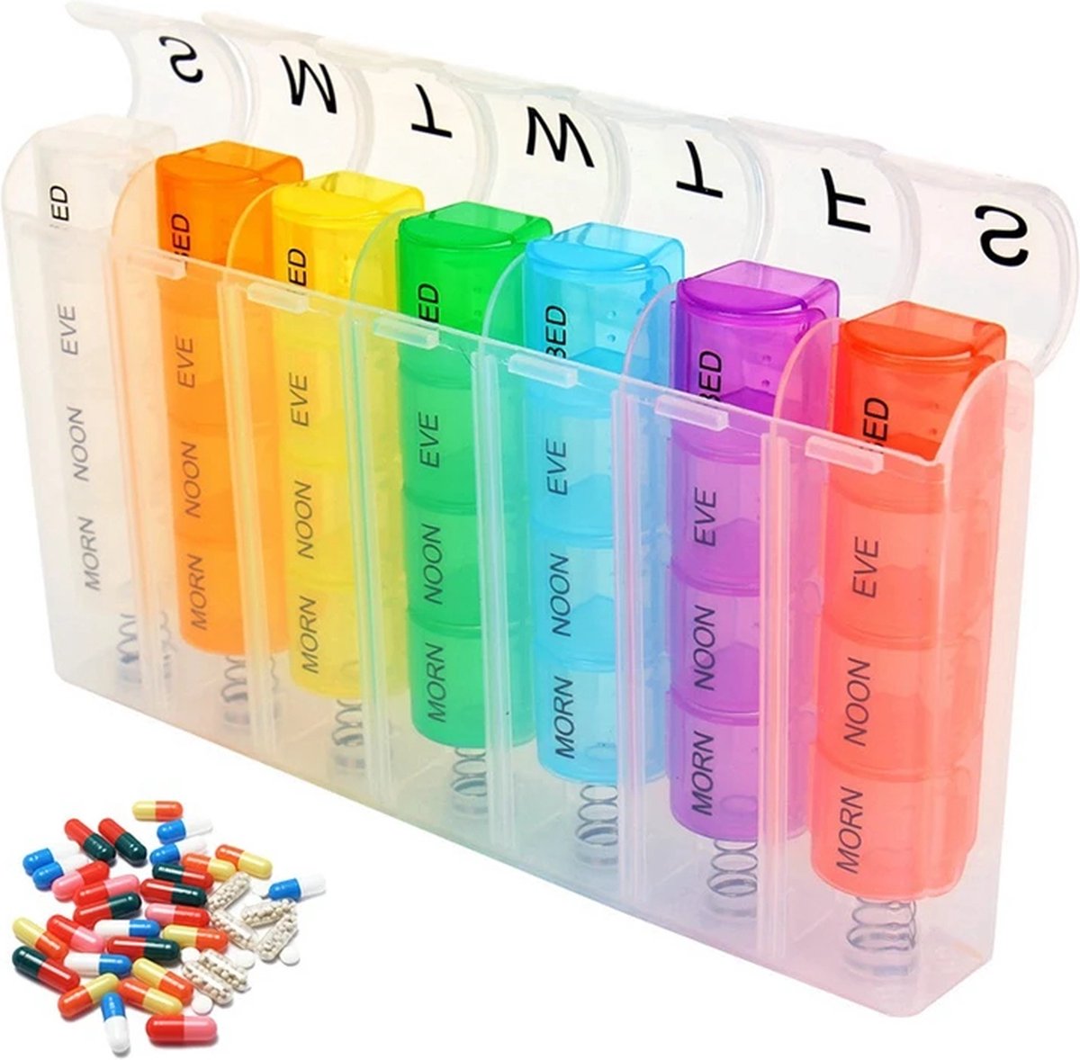 7-day pill box with 4 daily compartments - Automatic opening - 28-compartment pill box - Medicine box - Pill organizer