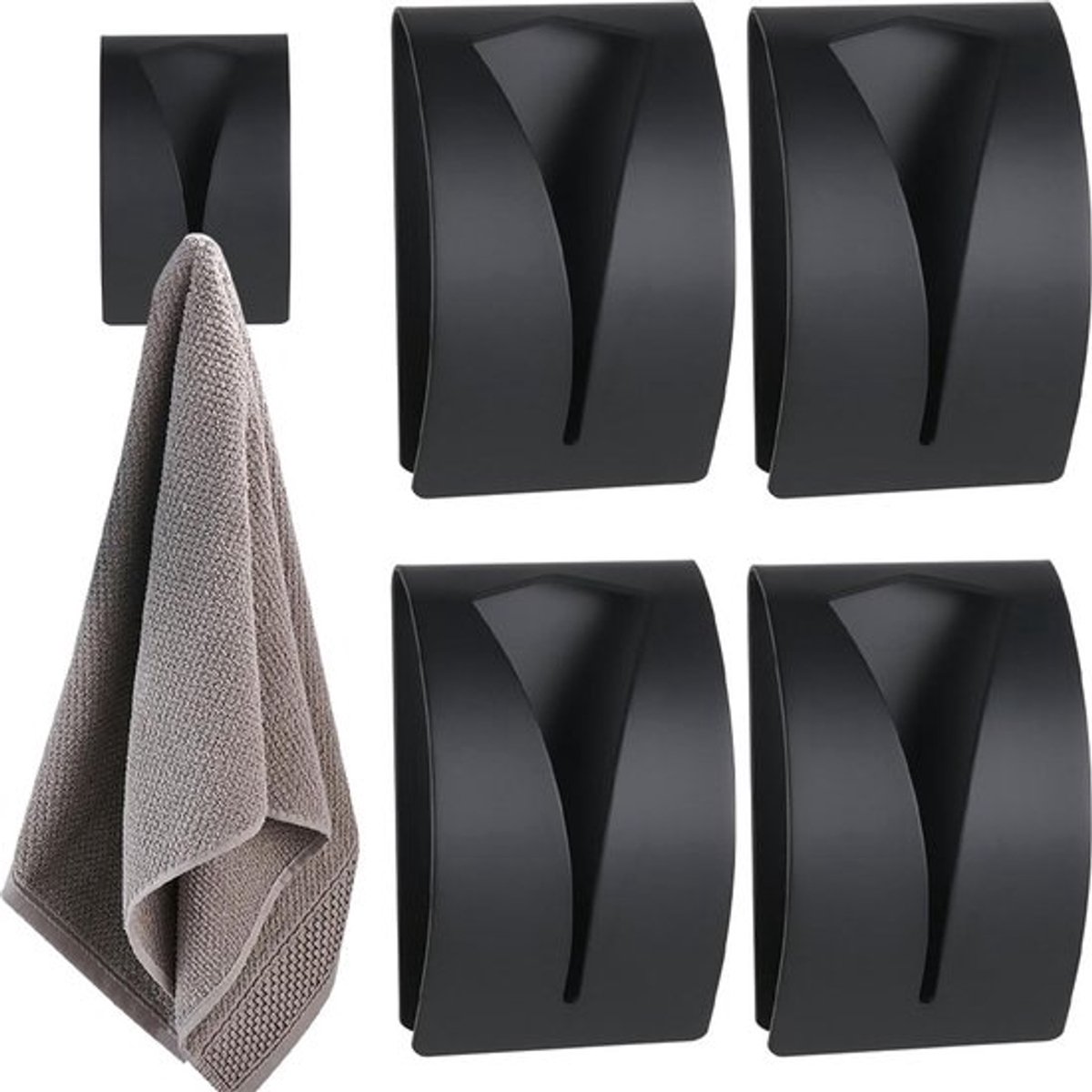 Towel Hook Set - Stainless Steel - Set of 4 Pieces - Self-Adhesive Towel Hook - Bathroom Towel Holder - Tea Towel Clamp - Towel Clamp - Towel Hook - No Drilling Required - Wall Mounting Hook - Kitchen Hanging Hook - Towel Hanger - Hooks - Black