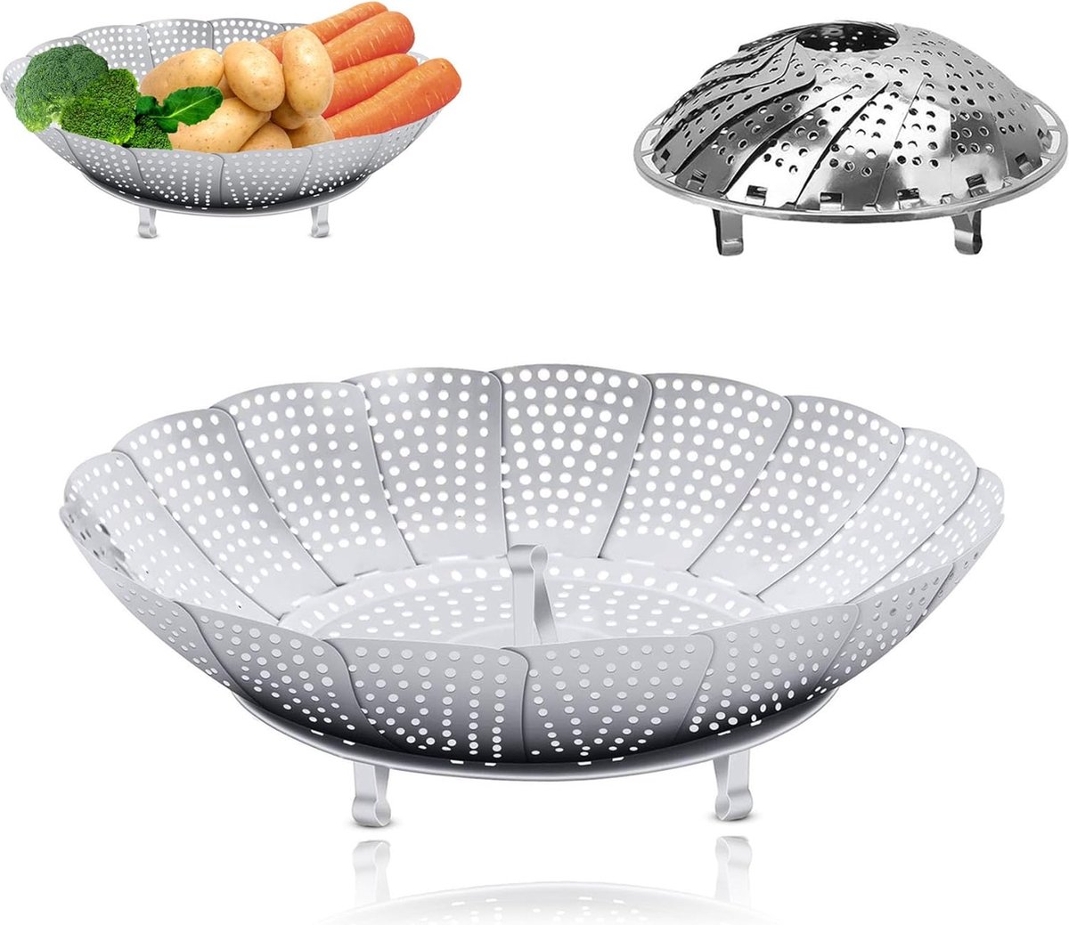 Steamer Basket - Vegetable Steamer - Stainless Steel - Steaming Rack - Steamer Basket Pan - Adjustable - Foldable Steamer Basket - Diameter 24 Cm - Steam Flower - Steamer Basket - For Vegetables, Pans and Various Cooking Processes - Silver - 1 Piece