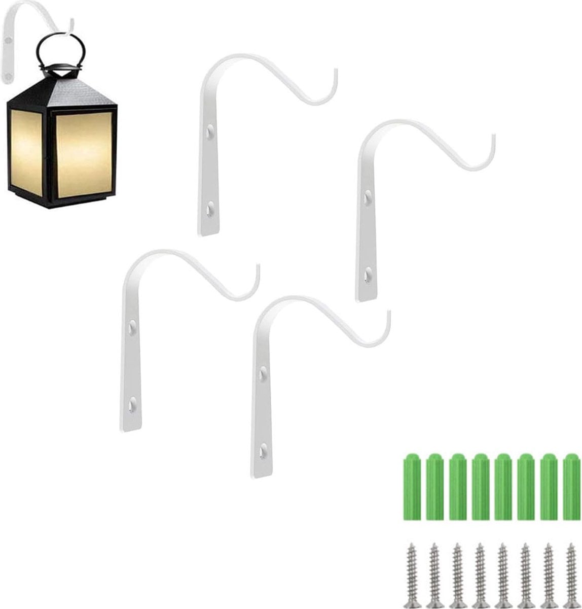 Metal Plant Hook - 4 Pieces - Flowerpot Hook - Wall Hook for Plants - Hanging Basket Wall Hook - Wall Decoration - Incl. Screws - Indoor or Outdoor - Hanger for Plants or Decoration - Lantern Hook - Garden Hook - for Plantpots - White