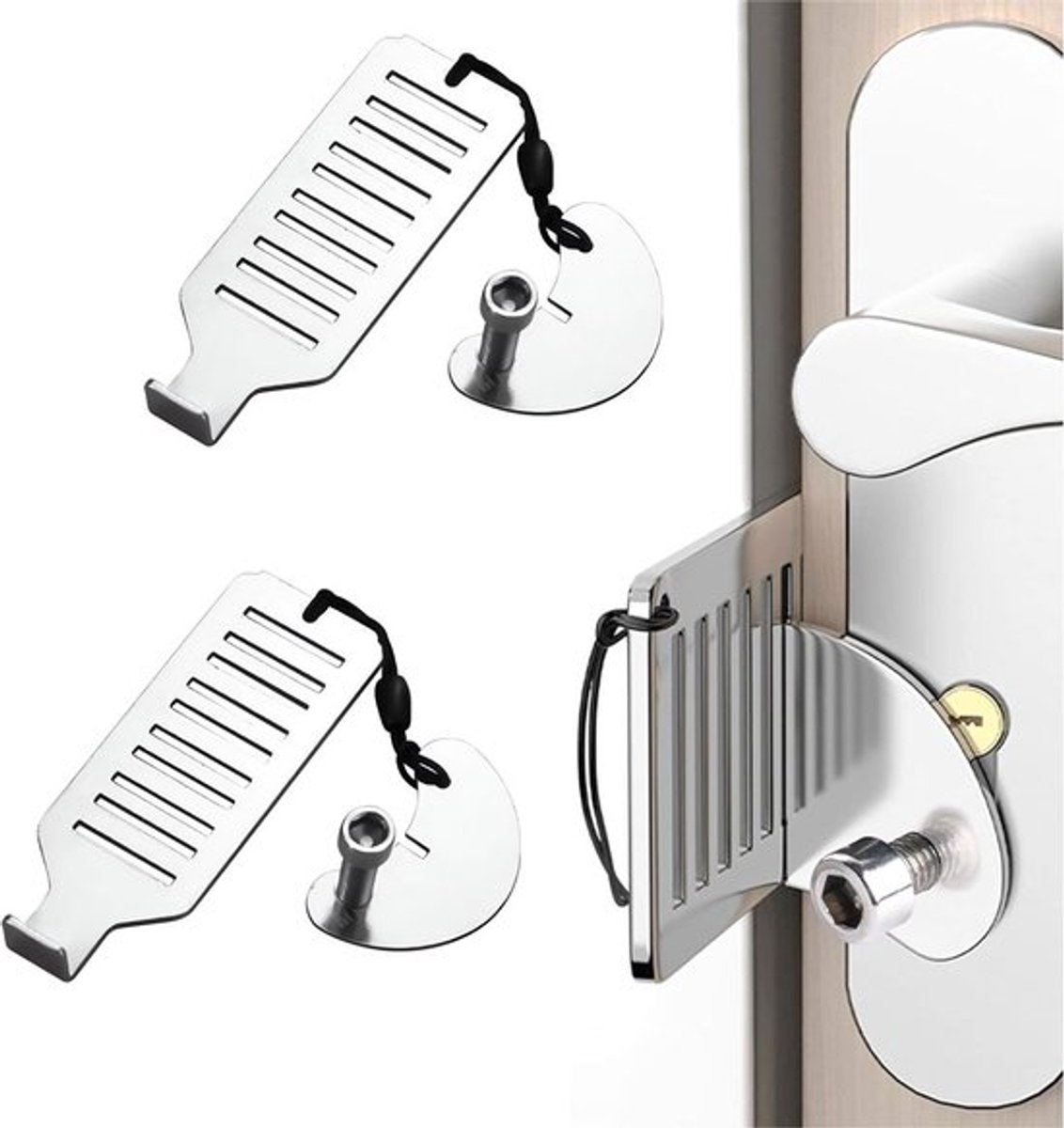Portable Door Lock - 2 Pieces - Portable Door Lock - Portable Travel Lock - Stainless Steel - Secure - Self-Defense - Travel Lock Door - Door Stopper - Anti-Burglary - Security - Steel - Hotel - Privacy - Travel Accessory - Prevent Unauthorized Acces